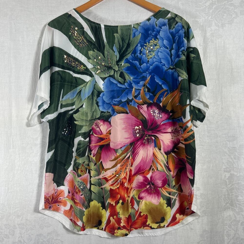 Chicos Top 3 XL White Blue Pink Big Floral Sequins Dolman Slv Boxy Palm Tropical